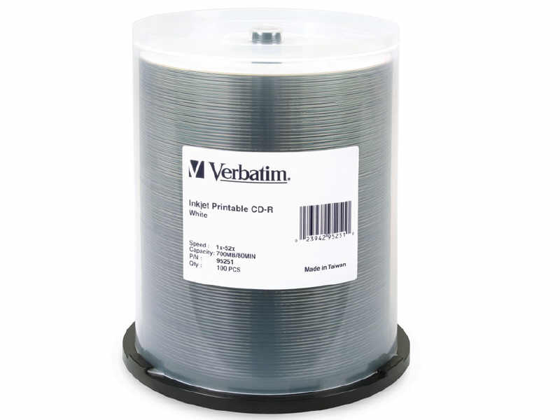 Verbatim Cd-r 80 Min 700mb 52x , White Inkjet Printable, 100 Pk Sp