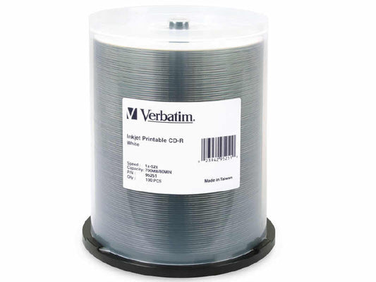 Verbatim Cd-r 80 Min 700mb 52x , White Inkjet Printable, 100 Pk Sp